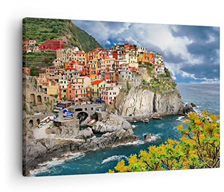 Moderne Impression sur Toile Italie côte roche paysage Image Tableau Decoration Murale 70x50cm Deco Cadre Décoration Salon Chambre Cuisine Horizontal Tableaux Decoratifs Muraux Art Wall AA70x50-2710