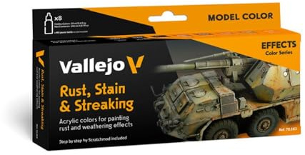 Vallejo Model Color Set Peinture Acrylique Rouille, Taches et Traînées - Kit de 8 Couleurs Mat 18 Ml avec Compte-Gouttes et Carte de Couleurs pour Effets d'Oxyde et Salissure