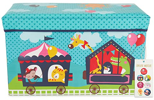 Bieco Aufbewahrungsbox mit Deckel Kinder Zirkus, faltbar, Sitzhocker mit Sitzgelegenheit, und Polsterung, Spielzeugkiste mit Stauraum, Sitztruhe, Jungen & Mädchen, 66 L, Belastbar bis 80 Kg, türkis
