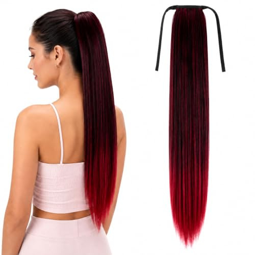 CAISHA 60cm Zopf Pferdeschwanz Extensions HaarteilSchwarz Rot Mix HCB1