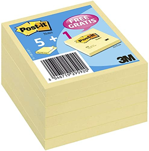 Post-It Notas Canary Yellow, Paquete de 5 + 1, 100 Hojas por Bloc, 76x76 mm, Color Amarillo, Notas Adhesivas para Listas de Tareas y Recordatorios