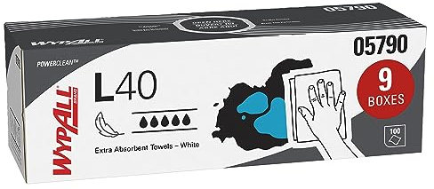 WypAll PowerClean L40 Cloths Extra Absorbent Wipes (05790), Pop-Up Box, Bulk Paper Wipers, White (9 Packs of 100 Sheets, 900 Sheet Total)