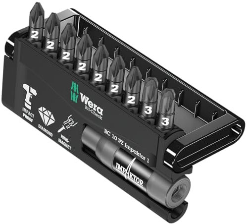 Wera Bit-Check 10 PZ Impaktor 1 TriTorsion Long Life Pozidriv bit set for all impact drills, with Impaktor holder, 10pc, 05057684001