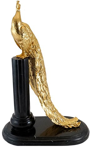 Kunst & Ambiente - Stolzer Pfau auf Marmorsockel - mit Blattgold vergoldet - Bronzefigur - signiert - Gold Skulptur - Vogel Figur