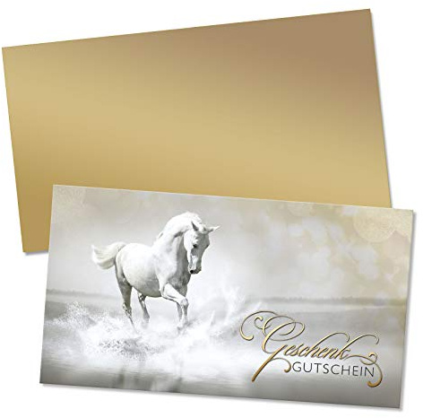 GESCHENKGUTSCHEINcom by POS-HAUER. Gutschein-Set. 25x Gutschein + Kuvert. Für Reitsportgeschäft Reiten Reitstunde. Reitgutscheine, blanko zum selber Ausfüllen.