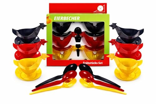 ostprodukte-versand 6er Set Eierbecher Huhn mit Löffel - Sonja Plastic | Kult Hühnereierbecher in Schwarz, Rot & Gold mit Glitzer - DDR Nostalgie Geschenkset inkl. Geschenkbox für Ostalgiker