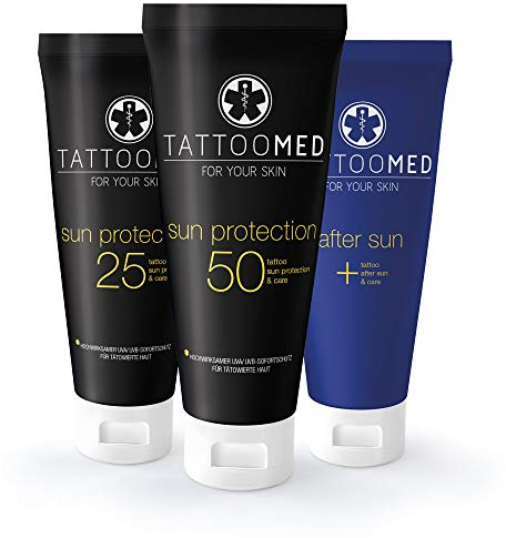 TattooMed All in Bundle SUN - Tattoo-Sonnenschutz für Tätowierte Haut - TattooMed Sun Protection LSF 25 & LSF 50 & TattooMed After Sun (3x 100ml)