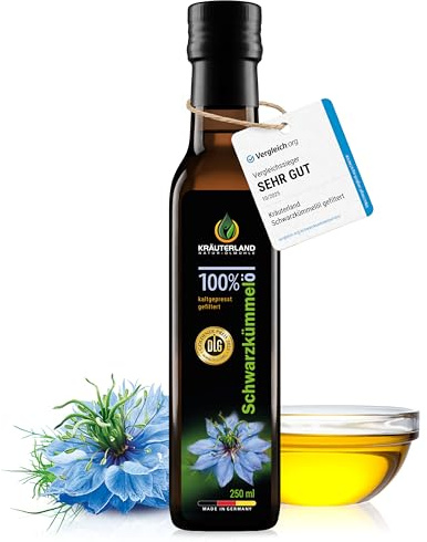 Kräuterland Schwarzkümmelöl kaltgepresst gefiltert 250ml in glasflasche | 100% Nigella Sativa, hoher Thymochinongehalt, ohne Konservierungsstoffe & Aromen, nativ, vegan, mühlenfrisch & unraffiniert