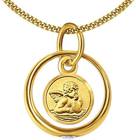 CLEVER SCHMUCK Goldener kleiner Taufring mit Einhänger Engel rund und Zirkonia weiß glänzend 333 Gold 8 Karat mit vergoldeter Kette Panzer 36 cm im Schmucketui anthrazit