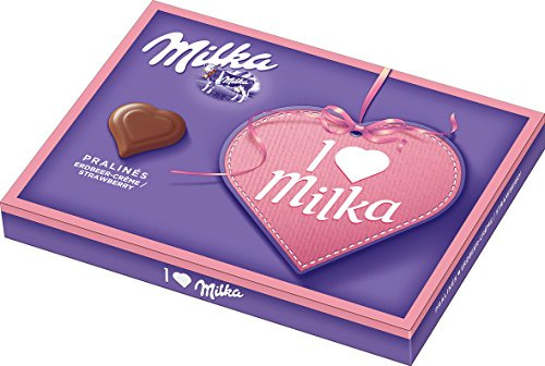 Milka Bombones Corazones de Chocolate con Leche de los Alpes, Relleno de Crema de Fresa, 20 Pralinés, 110g, Caja de Regalo