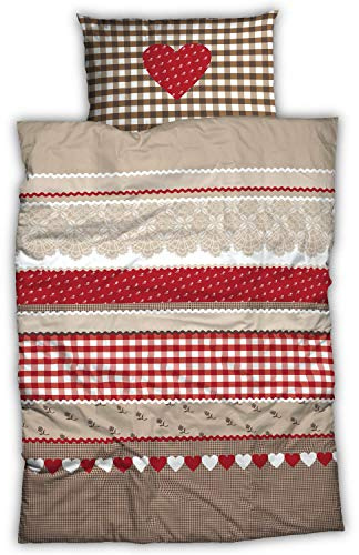 CASATEX Renforcé Bettwäsche Landhaus Rot Braun Baumwolle Herz Karo Kariert Romantik, Größe:135 cm x 200 cm