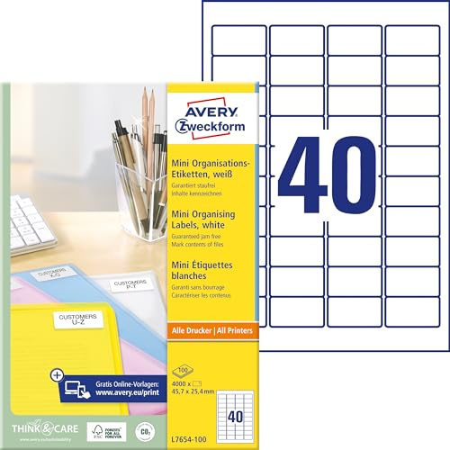 AVERY Zweckform L7654-100 mini Organisationsetiketten (4.000 Aufkleber, 45,7x24,4mm auf A4, selbstklebende Vielzweck-Etiketten, bedruckbar, Klebeetiketten zum Organisieren/Kennzeichnen) 100 Blatt