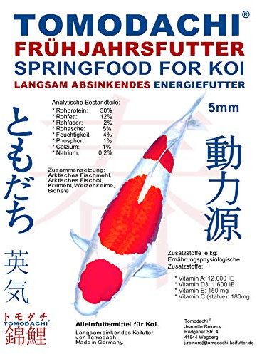 Frühjahrsfutter, Energiefutter für Koi, Koifutter langsam sinkend mit arktischem Fischmehl, Fischöl und Krillmehl, sehr energiereich, gut verdaulich bei Kälte, Tomodachi Frühjahrsfutter 5mm 15kg
