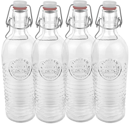 Ansmann Bormioli Set di 4 bottiglie di vetro Officina 1825 – Con rilievo e scanalature – Qualità italiana – Ideale per conserve, bevande, fermentazione, decorazione, Trasparente