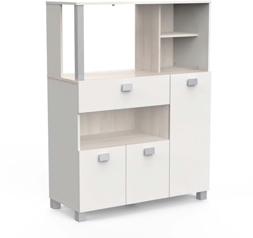 Demeyere Petit Meuble De Rangement Cuisine Résistant A L’Eau et Idéal Micro OndeEn Bois – Coloris Blanc Mat et Chêne Kronberg avec Finitions Gris Laqué - 100 x 133 x 42 cm