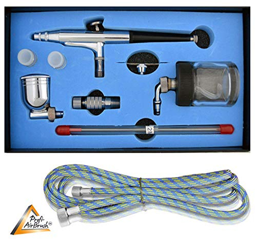 Airbrush-Pistole für AIRBRUSH KOMPRESSOR, SET mit UNIVERSAL-AIRBRUSH-PISTOLE DOUBLE-ACTION 134s inkl. 0,2/0,3/0,5 Düsen+Nadeln + Fließbecher 7mm+22mm Glas mit Druckluftschlauch, für kreative Arbeiten