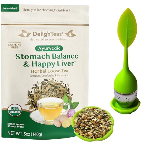 DelighTeas Stomach & Liver Tea | Ayurvedic Herbal Blend for Digestion | Organic Milk Thistle, Fennel, Ginger, Peppermint & Licorice | Vegan, Caffeine-Free, Sugar-Free | with BPA-Free Tea Infuser | 50 Servings, 5oz