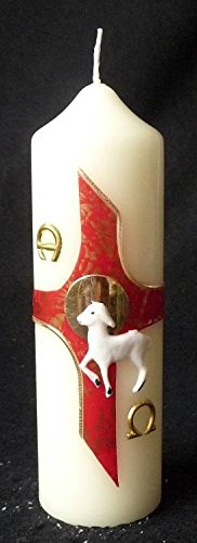 Osterkerze mit LAMM, KREUZ & SYMBOLEN ALPHA UND OMEGA – Christliche Kerze zu Ostern, Höhe 165 mm Ø 50 mm – für Gottesdienst, Hausaltar oder Geschenk – MaMeMi Qualität