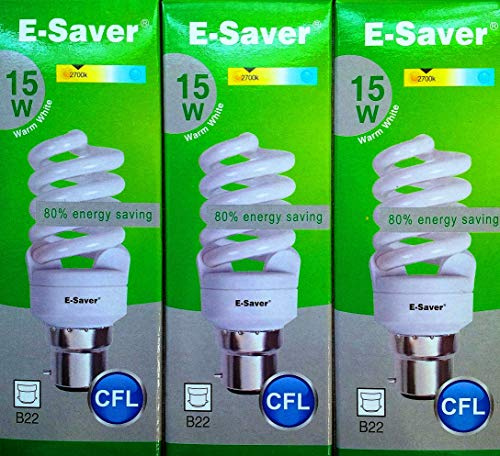 E-Saver - CFL Full Spiral - Energy Saving Light Bulbs - 15w = 80 Watt - (Pack of 3) - 2700k Warm White Light Bulbs - Bayonet Light Bulb (BC- B22- B22d)