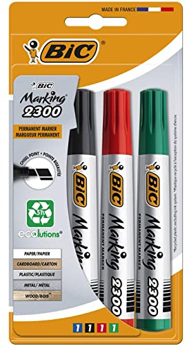 BIC Marking 2300 - Pennarelli permanenti, punta a scalpello, colori assortiti, confezione da 4
