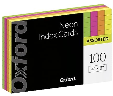 Oxford Neon Index Cards, 4 x 6, Ruled, Assorted Colors, 100 Per Pack (99755EE)