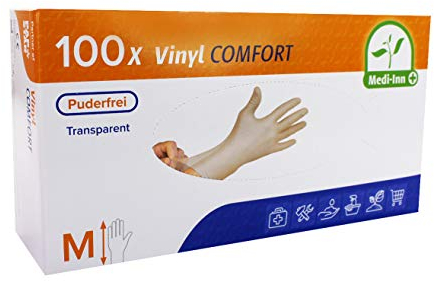 Medi-Inn+ Vinyl puderfrei Einmalhandschuhe Größe M | 100 Stück | Vinylhandschuhe transparent in praktischer Spenderbox