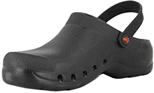 DIAN Clog - Ultralätt, antibakteriell, halkfri säkerhetstränare, perfekt för sjukhus, hälsa, kök och rengöringspersonal, EVA svart, 36 EU