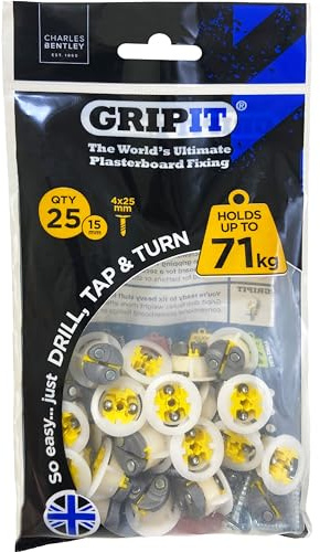 Gripit Lot de 25 fixations robustes pour plaques de plâtre - Pour cloison sèche et murs à goujons - Supporte jusqu'à 71 kg - Pour stores, rideaux, miroirs et cadres - Facile à installer et conçu au
