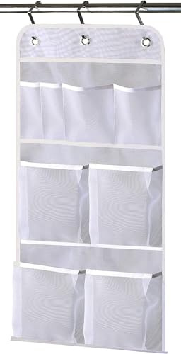 MISSLO Shower Hanging Storage Rail Waterproof Mesh Pockets Caddy Hold 340oz/1000ml Shampoo Organiser Over the Door Hooks, White