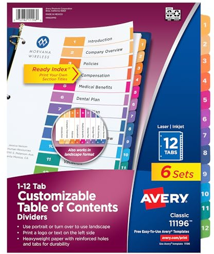 Avery® Ready Index® Table of Contents Dividers, 12-Tab, Color, 6 Sets