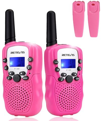 Retevis RT388 Walkie Talkie Bambini, Giocattolo a Lungo Raggio 8CH RegaliBambini 4-12 Anni, Torcia LCD Retroilluminata Campeggio, Avventure all'Aperto, Giochi per Famiglia (1 Paio, Rosa)
