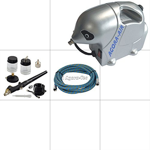 Agora-Tec® Airbrush Komplett-Set STARTER I inkl. Kompressor mit 2,8 bar & 13l/min + 1 Stück Single Action Airbrushpistole mit 0,8mm Düse + 3 Meter Schlauch + Adapter