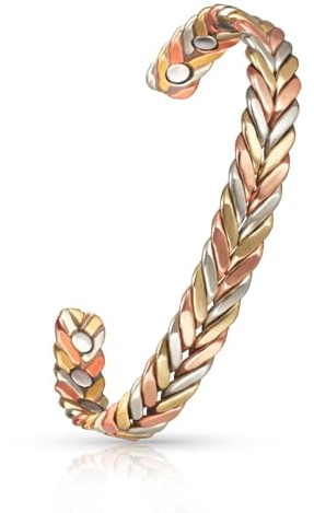 Wollet Jewelry Brazalete magnético de cobre trenzado tricolor, unisex, ideal para la artritis, incluye 6 imanes, 16,5 cm