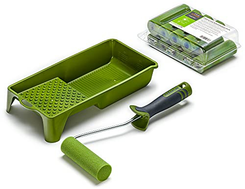 Colorus Lackier Set: 7 x Schaumwalzen 11cm gerade superfein | 1 x Farbroller Steckbügel Soft Griff | 1 x Farbwanne 15x32 cm Schaumstoffrolle 11cm