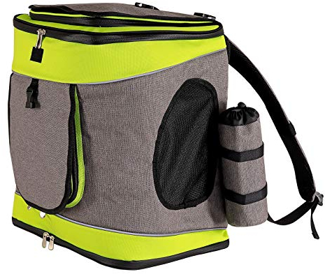 lionto Hunderucksack faltbar für unterwegs, 34x30x42 cm, aus robustem Oxford-Stoff & Netzgewebe, Wasserabweisende Katzentransportbox mit Flaschenhalter & Kissen für Haustiere bis 10kg, grau/grün