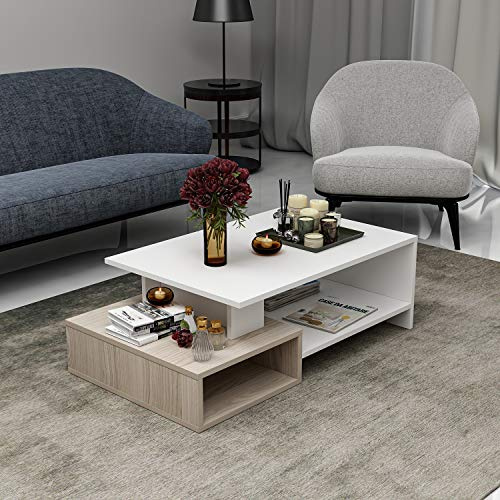 HOMIDEA DUX Tavolino basso da salotto - materiale in legno - Tavolino da divano - Tavolino da Caffè moderno in un design alla moda con mensola (Bianco/Avola)