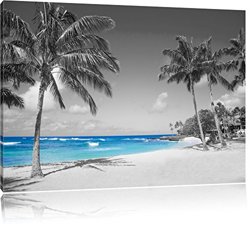 Pixxprint schöner Strand mit Palmen B&W, Größe: 60x40cm, Leinwandbild, fertig gespannt, Wandbild, Dekoration, Kunstdruck, kein Poster