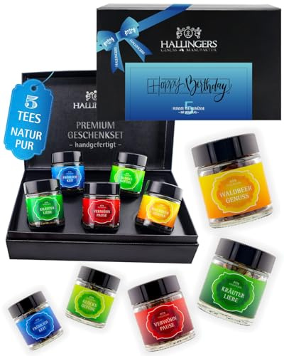 Hallingers Genuss Manufaktur Tee Geburtstagsgeschenk-Set - 5 Sorten premium loser Tee Probierset in edler Geschenkbox mit Rezept-Booklet Happy Birthday, Geschenke für Frauen Männer
