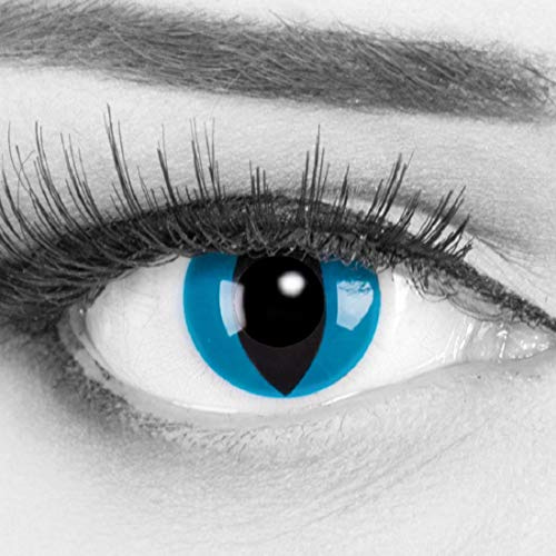 Mystic Cat Farbige Funnylens Crazy Fun Blau mit Katzenpupille Kontaktlinsen perfekt Anime Manga oder zum Alltag mit gratis Behälter und 60ml Pflegemittel Topqualität zu jedem Event geeignet.