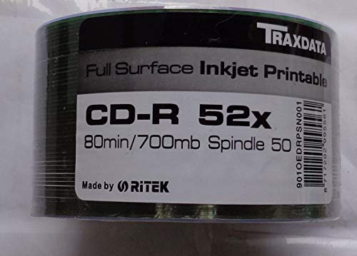 100 x Traxdata Full Face Inkjet Printable White CD-R 52x Blank Discs 700MB CDR