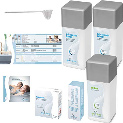 SpaTime Spar-Set Aktivsauerstoff-Pflege 3,7 kg - BAYROL Spa Time - Starter Set für die Whirlpoolpflege mit Sauerstoff - pH-Minus - Teststreifen mit 5 Funktionen - Wasser-Rein