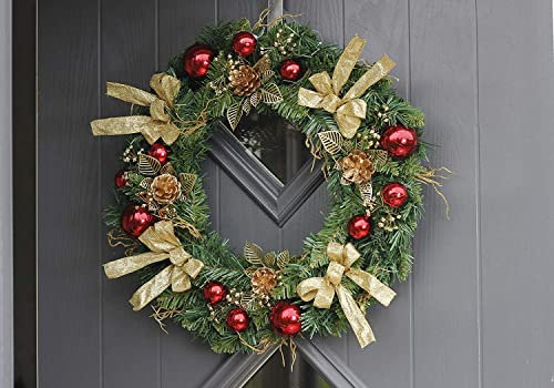 Garden Mile Luxury Christmas Wreath 50cm Red & Gold – Premium Large Front Door Decoration with Glitter Baubles, Velvet Bows & Pinecones – Elegant Indoor Outdoor Winter Holiday Door Wreath Décor