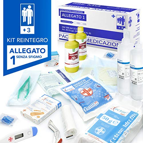 AIESI® kit di reintegro ALLEGATO 1 SENZA SFIGMOMANOMETRO pacco medicazione per cassetta armadietto di pronto soccorso aziende più 3 dipendenti, Conforme DM388/DL81, Made in Italy