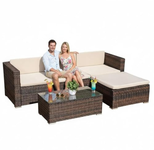 Melko Gartenmöbel Set Lounge Polyrattan Couch Tisch Hocker Stuhl Braun | Sitzgruppe mit abnehmbaren Bezügen der Auflagen, pflegeleicht für Terrasse, Wintergarten und Balkon, modular aufstellbar