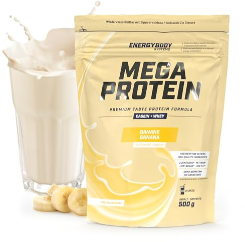 Energybody Mega Protein Banane 500 g, Eiweißpulver | Mehrkomponenten Protein, Casein Whey Mix, Protein Shake ohne Aspartam, 20 Portionen, Hergestellt in Deutschland