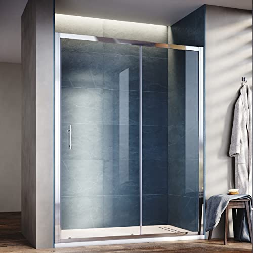 SONNI Schiebetür für Nische aus 5 mm ESG-Sicherheitsglas, 100 × 185 cm | Silber eloxiertes Doppelprofil, leichtgängiges Schiebesystem, Edelstahlgriff, beidseitig montierbar