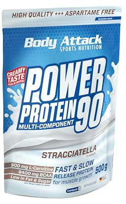Body Attack Power Protein 90, Stracciatella, 500g, 5K proteine in polvere con proteine del siero di latte, L-carnitina e BCAA per la costruzione muscolare e il fitness.