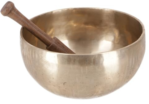 Handgearbeitete Klangschale mit langanhaltendem Ton, Tibet, 18 cm | Ideal für Meditation, hervorragender Klang, Durchmesser 10 cm, inkl. Holzklöppel, Gewicht ca. 300 g