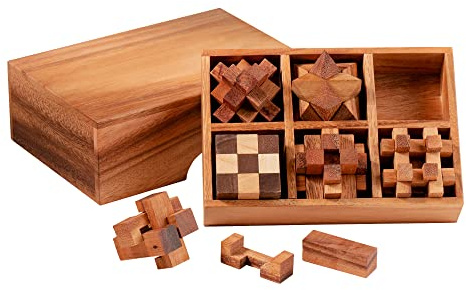 Knobelspiel 6er Set, Knobelspiele für Erwachsene, IQ Puzzle Set, Geduldspiele für Kinder, 3D Holz Puzzle Rätselbox, Geschicklichkeitsspiele, Geschenke für Adventskalender, Mini Rätselspiele