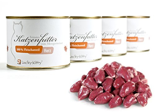 Lucky-Kitty Katzenfutter Nass 100% Hühnerherzen I Katzenfutter ohne Getreide & Zucker, frisch vom Metzger I Nassfutter für Katzen & Kitten, Nährstoff- und Vitaminreich I Made in Germany I 4x200g